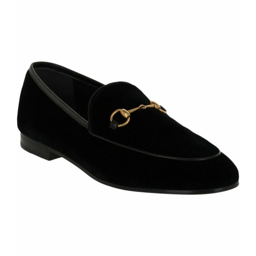 Authentic Gucci Black Velvet Jordaan GoldHorsebit Accent Loafers Size 35 NWOB